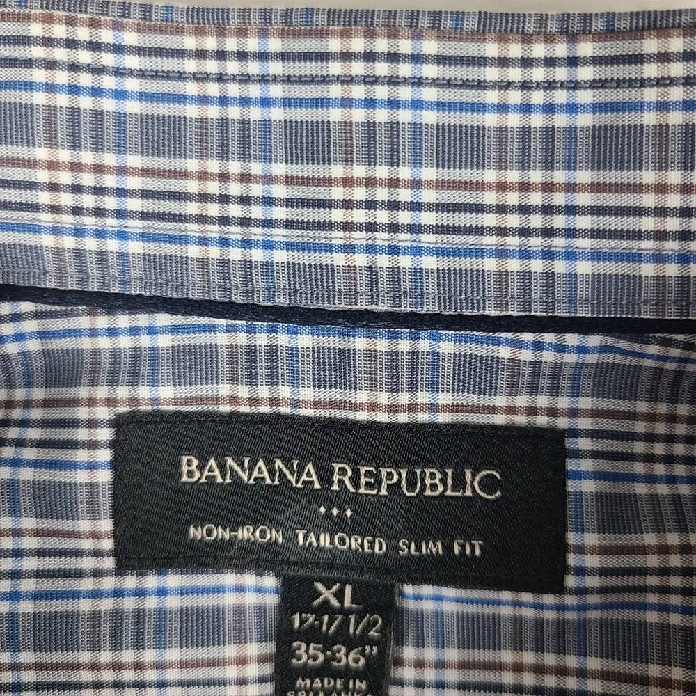 Banana Republic Shirt Mens XL Blue Brown Plaid Tailored Slim Fit Dress Button Up